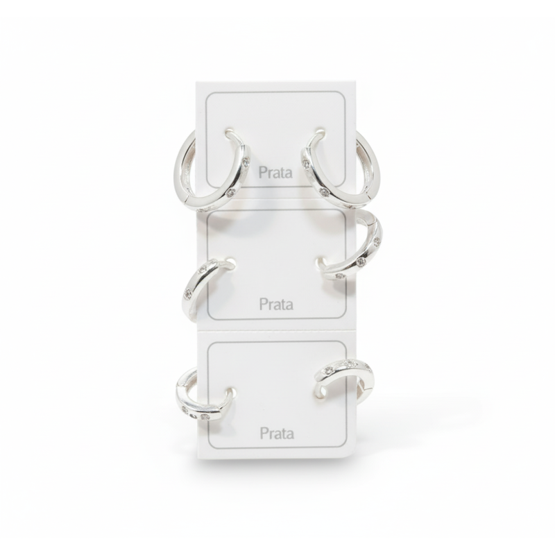 Brinco Trio de Argolas com Zirconias em Prata