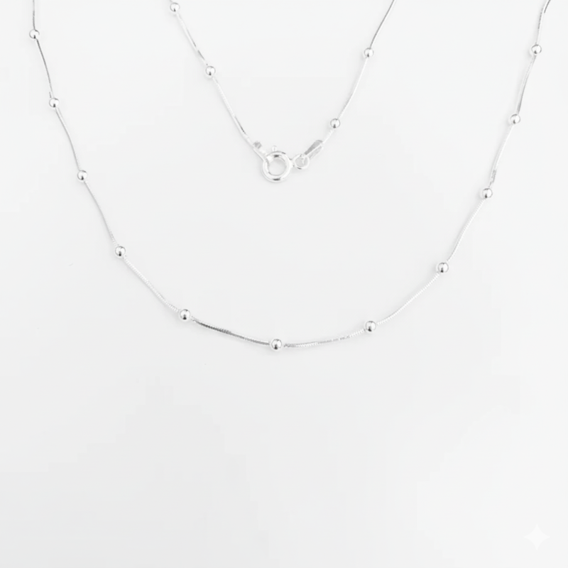 Corrente Malha Rabo de Rato com Bolinhas de 45cm em Prata