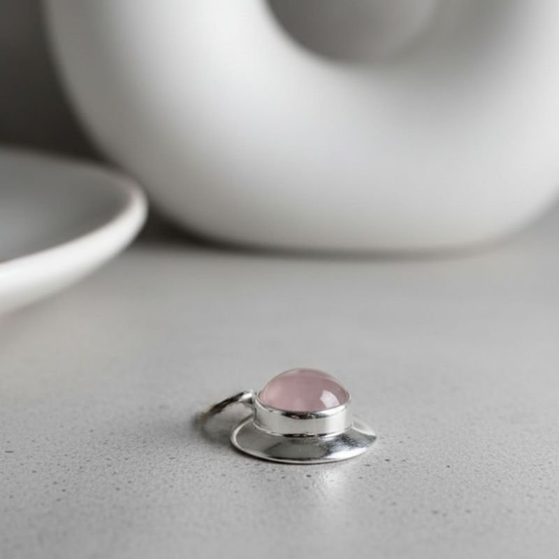 Pingente redondo Pedra natural Quartzo Rosa - Prata 925